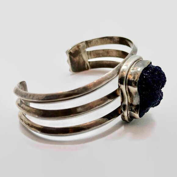 Druzy Bracelet, Sterling Silver, Cuff, Designer, Ancient Echoes, Blue Stone - Picture 4 of 6